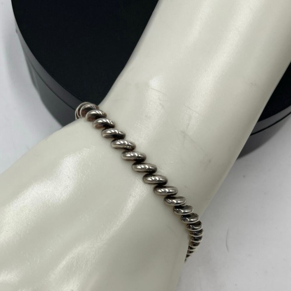 QG Signed Sterling silver Vintage Macaroni‎ Italian Ribbed Link Bracelet Sz 7.5
